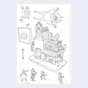 Series of pen line sketches on paper of a building with characters popping out of it and flying around it.