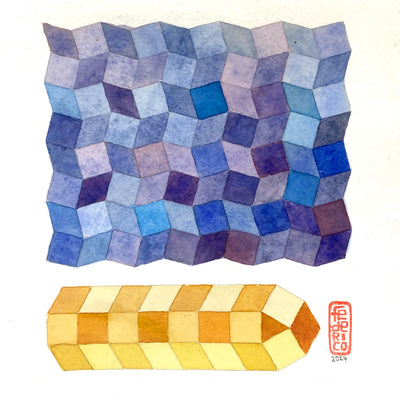 Geometric watercolor painting of a quilt of purple and blue squares. Below is a sideways pillar of yellow squares.