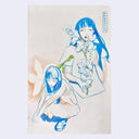 Colored pencil sketch of 2 blue girls, one is crouched and the other holds a large stem of flowers.