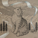 A monochrome illustration of a large cat sitting and looking upward in a stylized landscape with mountains, trees, a small house, and flowing ribbon-like forms against a cloudy sky.