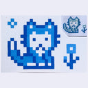 Illustration of a pixel art cat with flowers. Overhead is a tiny cross stitch version of the same image.