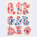 Series of geometric shapes, modeled to look like towers of sorts using red and blue colored pencils.