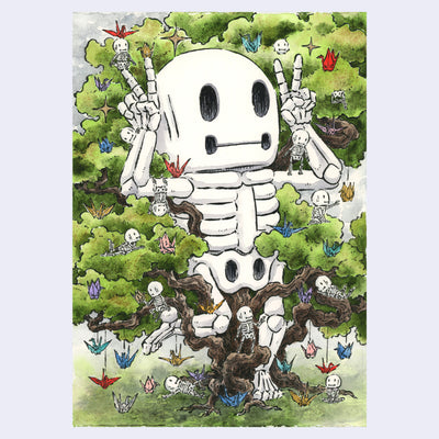 Illustration of a cartoon skeleton holding up both hands with peace signs. It stands intertwined with a bonsai tree with many small paper cranes hanging from it.