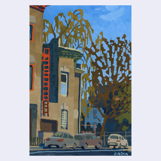 Plein air painting of a street with several parked cars and a tan building, likely housing. Wispy trees are next to and behind it, against a blue sky. 
