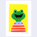 A colorful artwork of a cartoon frog with a green face, black eyes, a wide black smile, and a red tongue, set against a bright yellow background. The frog wears a pink and red striped shirt with a light blue collar.