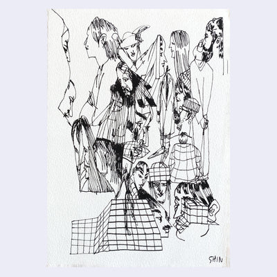 Ink drawing of many people drawn atop of one another, with grids and cubes around the drawing.