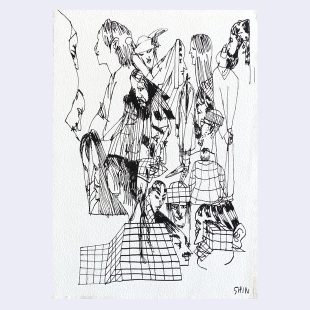 Ink drawing of many people drawn atop of one another, with grids and cubes around the drawing.