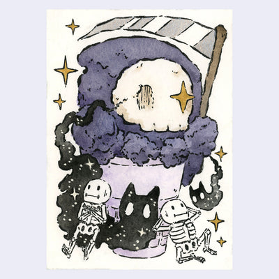 Ink and watercolor illustration of a purple sugar cone with a large scoop of dark purple ice cream holding a scythe, with a large white skull pressed in. Coming from the skull is a cloud of black smoke shaped like a cat ghost, which interacts with small skeletons nearby..