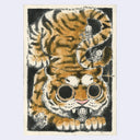 Illustration of a tiger, large and in a slightly acrobatic pose with small skeleton characters around it.