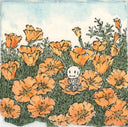 Illustration of a small skeleton sitting among orange flowers with a blue sky background
