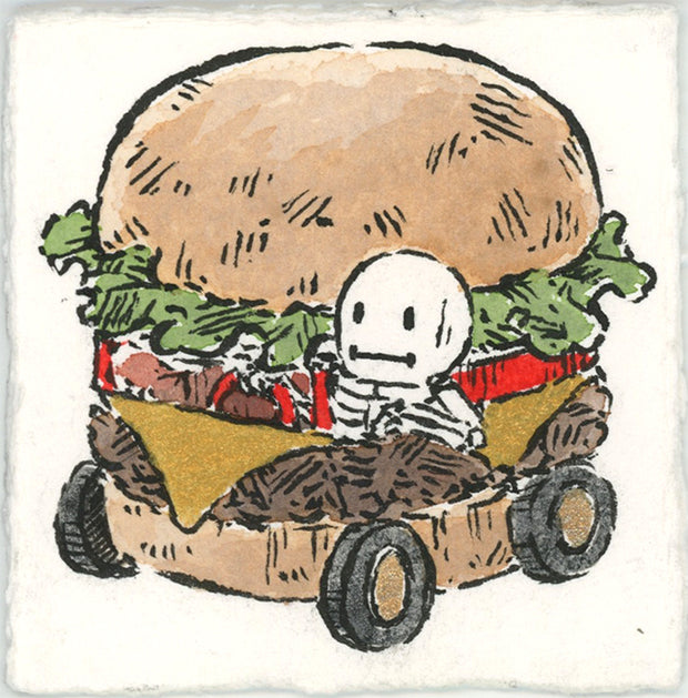 Drawing of a small cartoon skeleton driving a car shaped like a large cheeseburger.