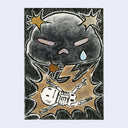 Ink and watercolor illustration of a cartoon skeleton, getting zapped by a gold lightning bolt from a dark gray storm cloud. The cloud has a sad emote style face with gold cartoon explosions on either side of it.
