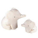 Two small white wooden figurines of elephants - one is larger than the other.
