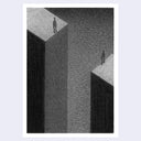 A black and white art work depicting two small human figures standing on the edges of tall, steep cliffs or platforms, with a textured, grainy style.