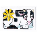 Whimsical hand-drawn cow illustration in black, white, pink, and light blue, with a large yellow flower on the left. The artwork is signed 'KRISKCARMI 26' in the lower right corner.