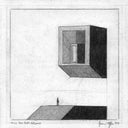 Graphite drawing of a doorway floating over a platform with a small person looking up.