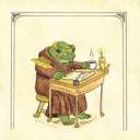 Illustration of a frog dressed like a medieval monk, sitting at a writing desk and writing the word "butts" on a scroll with a feathered quill.