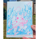 Blue and pink ink illustration of a cat with a bandaged hand, holding a longsword and laying in tall foliage.