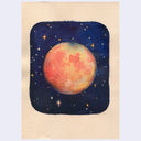 A watercolor painting of a glowing orange and yellow celestial body, possibly a moon or planet, set against a dark navy blue starry sky on a textured beige paper background.