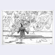 Black and white line art illustration of a man floating with large object in the sky.