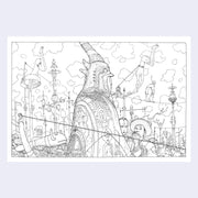 Line art illustration of a person wearing a decorating cloak in an environment with many wires and people.