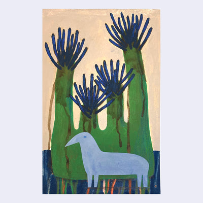 Stylistically messy painting of a blue 4 legged animal with a beak shaped face. It stands in front of a green tree that resembles a sea anemone.