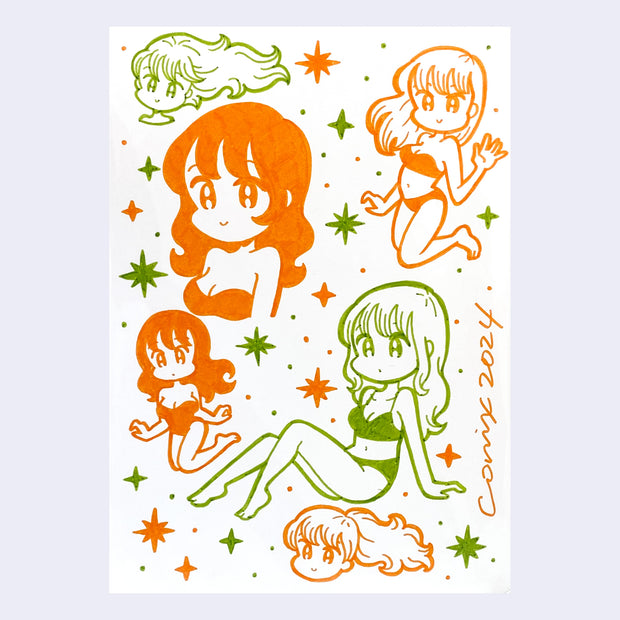 Orange and green ink drawing on white paper of many cute anime style girls, in various poses and cute outfits.