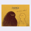 Black ink drawing on yellow paper of a big blob looking at a round character. Text reads "maybe this time is different."