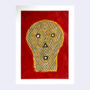 Painting of a yellow skull with white striping and simplistic features. It is on a red background. 