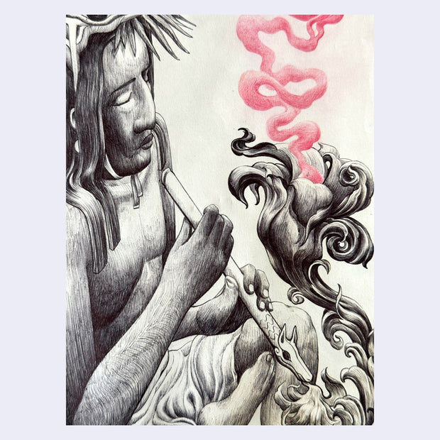 Ink sketch of an indigenous person smoking out of a pipe, creating flower shaped smoke cloud. 