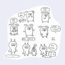 Cartoon character with various expressions and speech bubbles on a light purple background
