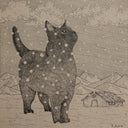 A black and white hand-drawn illustration of a cat standing in a snowy landscape with mountains, clouds, and a small house in the background.