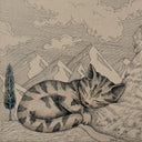 A detailed black and white ink illustration of a sleeping tabby cat resting on a rocky hillside, with mountains, clouds, and a small tree in the background.