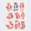 Series of geometric shapes, modeled to look like towers of sorts using red and blue colored pencils.