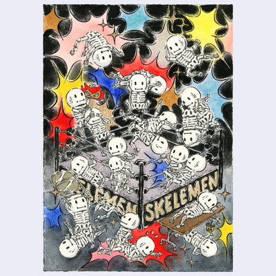 Ink and watercolor illustration of many small cartoon skeletons fighting one another in a boxing ring, with colorful cartoon effect "sparks" in the background.