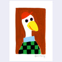 A stylized artwork featuring a duck character with a red cap, yellow beak, white neck, and a green-and-black checkered shirt, set against a brown rectangular background on a white paper.
