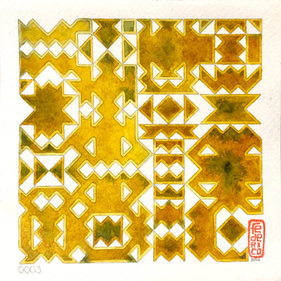 Geometric watercolor painting of yellow and olive green shapes with sharp gold outlines.