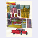 Painting of a red car, with many squares containing snippets of houses and portraits of people.