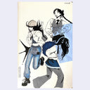 Marker sketch of 3 girls in trendy outfits, in various positions. A blue post it note covers part of the drawing.