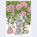 Ink and watercolor illustration of a small skeleton sitting next to a stone statue of a skeleton holding a rock over its head. Pink roses are overhead.