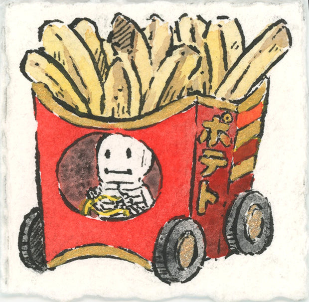 Drawing of a small skeleton driving a car shaped like a carton of french fries.