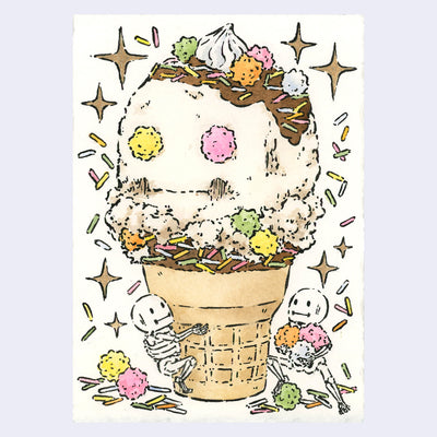 Ink and watercolor illustration of a sugar cone with a large scoop of vanilla ice cream, shaped like a skull with colorful candy as eyes. Atop its head is chocolate syrup, sprinkles, candy and a dollop of whipped cream. Around the cone are 2 small skeletons, interacting with the scene.