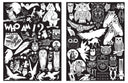 Open 2 page zine booklet spread of scanned and illustrated black and white imagery of cartoon owls.