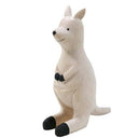 Smooth white wooden figure of a kangaroo with black hand and feet coloring.