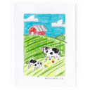 Hand-drawn colored pencil landscape with green hills, two black-and-white cows, a red barn, and a blue sky, shown on a white paper background with the signature 'KRISKCARM1 26' at the bottom.