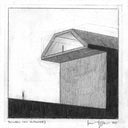 Graphite illustration of a person standing at the bottom of a platform, looking up at a large doorway overhead.