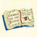 Drawing of an open book with gothic medieval font and an illustration of a monk leaning over and showing his exposed butt under his robe.