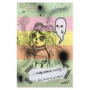 A stylized illustration of a girl with large green eyes, pink hair, and a ghost graphic, set against horizontal pastel stripes with black paint splatters and handwritten text.