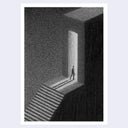 A black and white textured art work depicting a minimalist figure walking down a staircase toward a bright doorway in a dark architectural scene, centered on a light gray background.