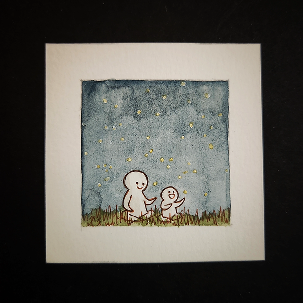 Illustration of 2 small characters sitting amongst grass, catching fireflies.